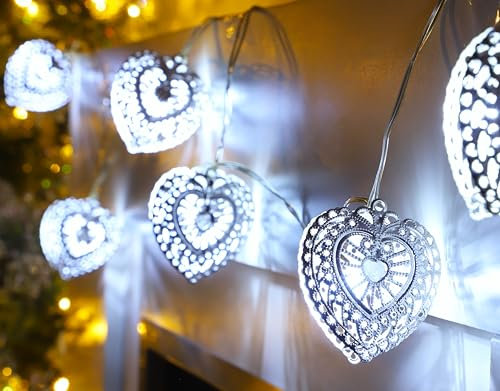 10 Warm White LED Metal Filigree Heart Shaped Fairy Lights - Christmas and Bedroom Lighting
