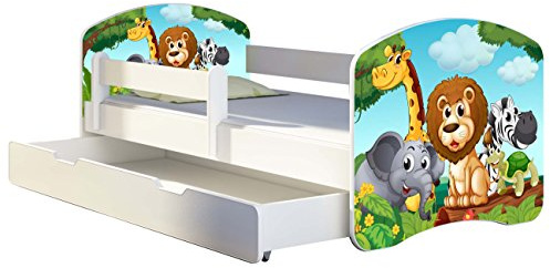 ACMA Kinderbett 160x80 Jugendbett mit Einer Schublade und Matratze, Rausfallschutz, Lattenrost Weiß, stabil, Kinderzimmer Bett, Jugendmöbel Design 02 Animals