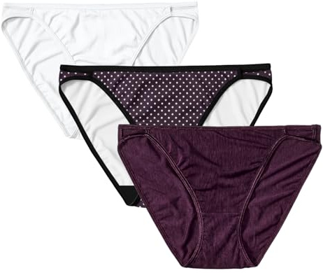 Vanity Fair Women's Illumination String Bikini Panties, Nylon Underwear, 3 Pack, Star White/Premiere Dot Print/Sangria, Size 8