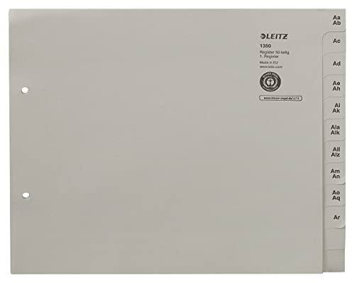 Leitz Register, Trennblätter mit Taben und alphabetischem Aufdruck A-Z für 50 Ordner, Halbe Höhe und Überbreite, Grau, 100% recyceltes Papier, Blauer Engel Siegel, 13500085