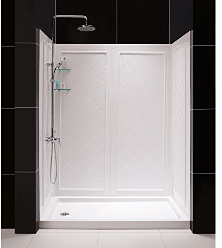 DreamLine 36 in. D x 60 in. W x 76 3/4 in. H Left Drain Acrylic Shower Base and QWALL-5 Backwall Kit In White, DL-6192L-01