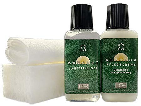 KERALUX 4-teiliges Lederpflegeset für Glattleder. 150 ml Reiniger, 150 ml Pflege, Schwamm, Tuch. Mit Imprägnierung und Lichtschutz.