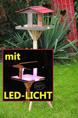 vogelfutterhaus,XXL,mit Licht,DACH ROT,MIT Beleuchtung,LED-Licht/Vogelhaus,wetterfest IN SCHWARZLASUR/ANTHRAZIT,BEL-VIERDAROT-BEL-at002 groß, PREMIUM Vogelhaus KOMPLETT mit Ständer,WETTERFEST,