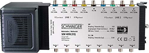 SCHWAIGER -SEW4098 531- SAT Multischalter | 9 > 8 | 2 Satellitenpositionen auf 8 Teilnehmer | Eingang: 9 F-Buchse; Ausgang: 8 F-Buchse | für Quattro LNB | Silber, schwarz