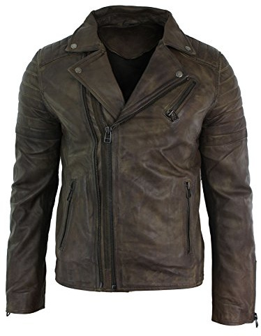 Giacca Aderente da Uomo in Vera Pelle e Zip Laterale Biker Brando Retro Vintage marrone m