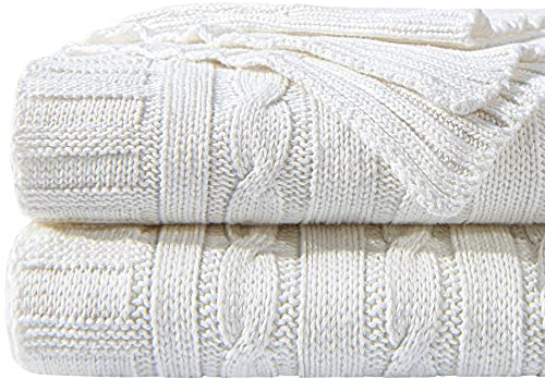 NTBAY 100% Pure Cotton Cable Knit Throw Blanket, Super Soft Warm 51x67 Knitted Throw Blanket for Couch, Sofa, Chair, Bed - Extra Cozy, Machine Washable, Comfortable Home Decor, White