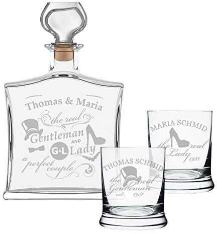 polar-effekt Set regalo 3 pezzi con bottiglia da whisky e 2 bicchieri da whisky Leonardo – Elegante caraffa in vetro Contenuto: 700 ml – Personalizzato con incisione per matrimonio – Gentleman and Lady Design