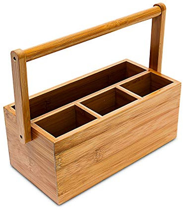 Relaxdays Schreibtischorganizer, aus Bambus, 4 Fächer, Henkel zum Tragen, Stiftehalter, HxBxT: 20 x 25 x 11,5 cm, natur, Braun
