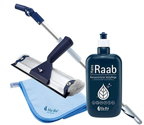 Ha-Ra Fenster-Putz-Set I Fensterwischer Standard 19 cm I Hammer Microfaser-Tuch in 50 x 67 cm I verstellbare Teleskopstange (0,66-1,00m) I Vollpflege 500 ml I Fensterputz-Zubehör