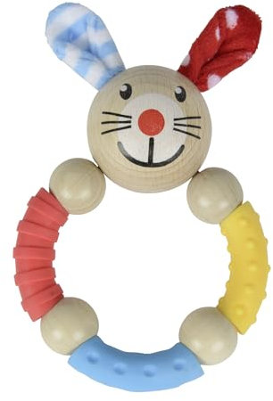 Eichhorn - Baby Greifring mit Hasenmotiv - aus FSC 100 Prozent zertifiziertem Buchenholz, Farbiger Silikonring und Holzkugeln, 9x13,5cm, ab 3 Monaten