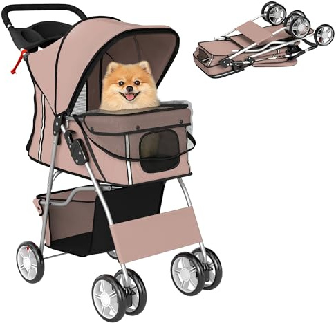 PawHut Passeggino per Cani Pieghevole Carrello per Animali Domestici Carrello Carrozzina Caffè 75 x 45 x 97cm