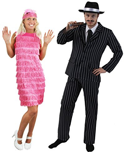 ILOVEFANCYDRESS COUPLES 1920's GANGSTER & FLAPPER GIRL FANCY DRESS COSTUME - PINSTRIPE GANGSTER SUIT + BLACK TRILBY HAT | LADIES PINK FRINGE FLAPPER DRESS WITH FEATHER HEADBAND (MENS: XL + LADIES: L)