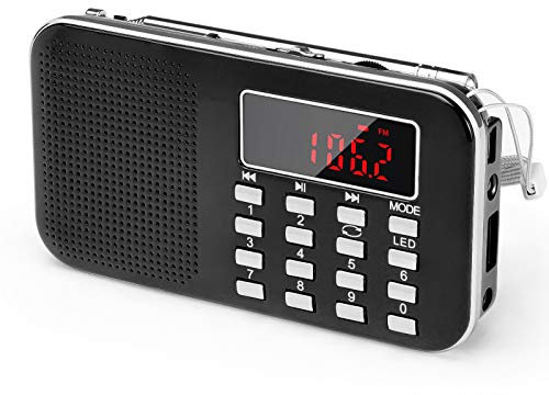 PRUNUS J-908 Poste Radio Portable AM/FM, Petite Radio Portable Rechargeable avec Batterie Rechargeable de 1200mAh, TransistorRadio avec éClairage de Secours, Mini USB/SD/AUX (Noir)