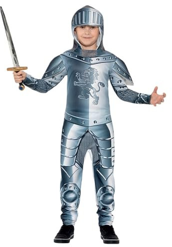 Smiffys Kostüm Ritter in Rüstung Deluxe, Grau, mit Einteiler und Kopfteil, Digitaldruck Halloween