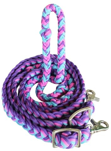 Challenger Horse Nylon Braided Knotted Roping Barrel Reins Turquoise Pink Purple 60739