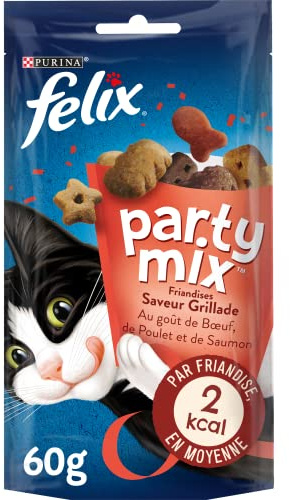 Felix | Party Mix | Friandises pour Chat Adulte | Riches en protéines, vitamines, acides Gras et oméga 6 | Saveur Grillade au goût irrésistible : Au Poulet, Au Bœuf, au Saumon | Sac | Lot de 8 x 60g