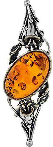 Sterling Silver Baltic Amber Oval Brooch Pin with Trumpet Flower Accents for Women Antiqued Finish Approx. 2 5/8 inch Wide