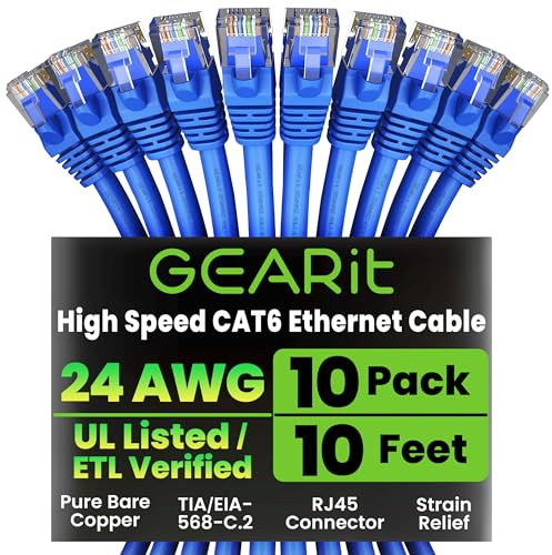 GEARit Cat 6 Ethernet Patch Cable 10 ft Blue (10 Pack) - Cat6 Patch Cables 10ft Blue/Ethernet Patch Cable, 10Gbps 550MHz 24AWG Pure Copper, Snagless, Gold Plated RJ45 for Router, Server, Router, PC