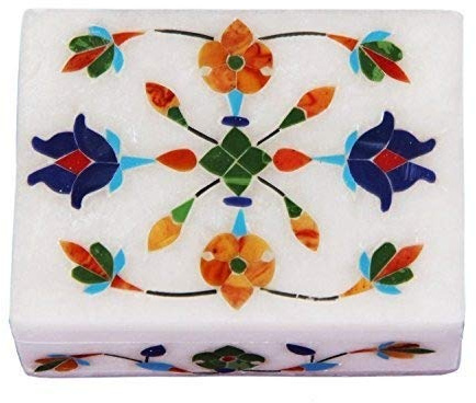 Floral Symmetry Marble Inlay Jewelry Box Gorgeous Handmade Organizer Trinket Box (4 X 3 inch) with Floral Inlay - Shiny Decorative Marble Ring Box Inlay Art - Unique Art work Great Birthday Gift