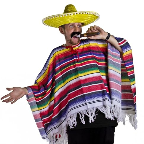 Mexikansk kostym för vuxna – flerfärgad poncho, gul sombrero, svart stick on mustasch – herr dam Mexico Cinco de Mayo Mariachi Bandit maskeraddräkt