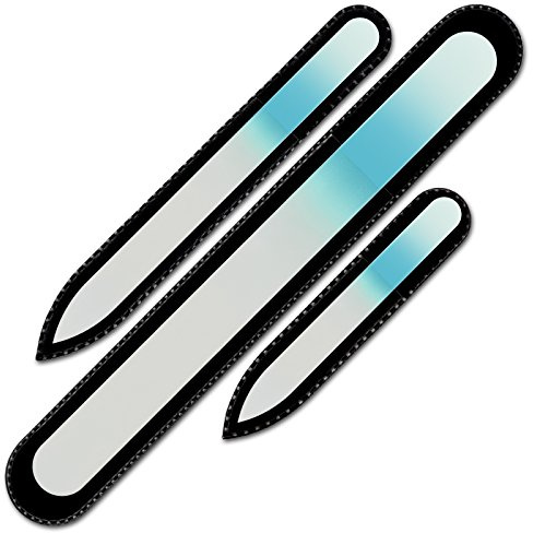 Mont Bleu Lot de 3 limes à ongles en verre coloré livrée dans un étui de velours noir, de drande taille - Lime en verre trempé fabriquée en République tchèque, garantie à vie