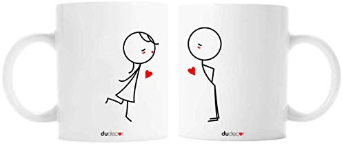 DuDecor Mug Coppia Ceramica Bianca Con Disegno 250ml(x2) Bacio Lei Lui