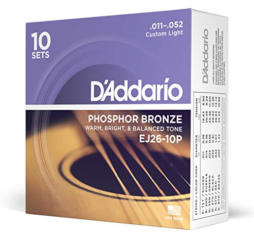 D'Addario Corde Chitarra Acustica | Corde per Chitarra Acustica | Corde Acustica | EJ26-10P Set Corde Acustica EJ Phosphor BRZ RND WND, 11-52