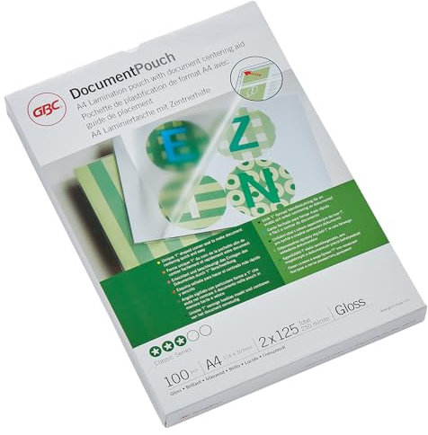 GBC Laminierfolien A4 125 mic, Robuste Laminiertaschen im 25er Pack, Glänzend, Transparent, Ideal für Büro & Schule, 3740482