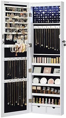 SONGMICS 6 LEDs Mirror Jewelry Cabinet, 47.2-Inch Tall Lockable Wall or Door Mounted Jewelry Armoire Organizer with Mirror, 2 Drawers, 3.9 x 14.6 x 47.2 Inches, White UJJC93W