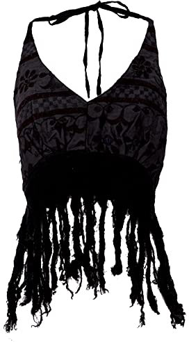 GURU SHOP Goa Top, Psytrance, Bandeau Top, Rückenfreies Fransentop - Schwarz, Damen, Baumwolle