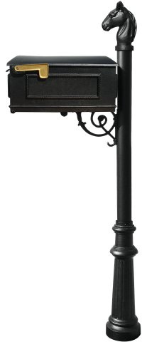 Qualarc Lewiston Cast Aluminum Post Mount Mailbox System with Post, Aluminum Mailbox, Fluted Base and Horsehead Finial, Black, Ships in 2 boxes