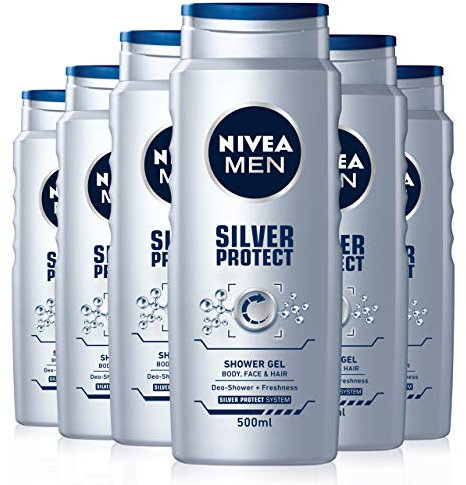 NIVEA MEN Silver Protect Shower Gel Pack of 6 (6 x 500ml), Anti-Bacterial Body Wash with Silver Ions, All-in-1 Shower Gel for Men, Strong NIVEA MEN Shower Gel