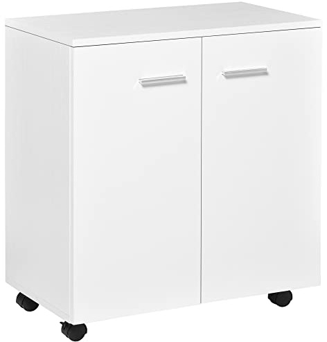 Outsunny HOMCOM Mobile Portadocumenti, Mobile Porta Documenti per Ufficio e Casa. Armadietto Portadocumenti in legno con Ruote e 2 ante, 60x35x65cm, Bianco