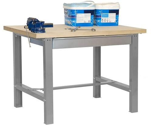Simon Rack Arbetsbänk med låda, 600 kg Lastkapacitet, 865x1200x750 mm, 35 mm Träskiva, DIY Arbetsbord Garage, Grå/Trä – BT6