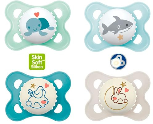 MAM Day & Night Skin Soft Silicone Dummy 0-6 // Neutral // Set of 4 // Includes 2 Sterilised Transport Boxes