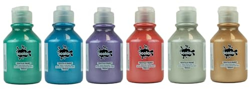 Scola Textile Fabric Paint, 6 Assorted Pearlescent Colours, 150ml Bottles, School Supplies, Art and Crafts Projects, Children's Craft Projects, For Kids