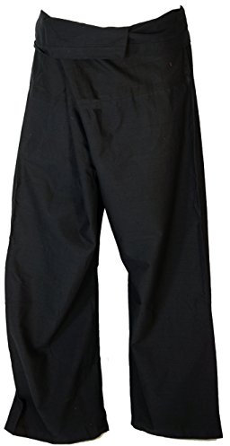 GURU SHOP Thai Fischerhose aus Fester Baumwolle, Wickelhose, Yogahose, Unigröße - Uni Schwarz, Herren/Damen