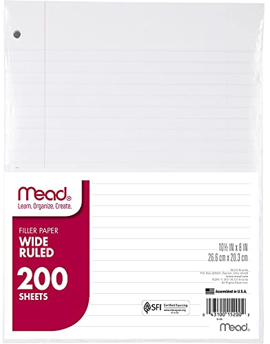 Mead Loose Leaf Paper, Wide Ruled Filler Notebook Paper, 8 x 10-1/2, 200 Sheets, Fits 3-Ring Binder (15200)