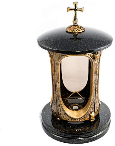 Lanterne funéraire - Croix en granit noir - Hauteur 27 cm - Diamètre 14,5 cm