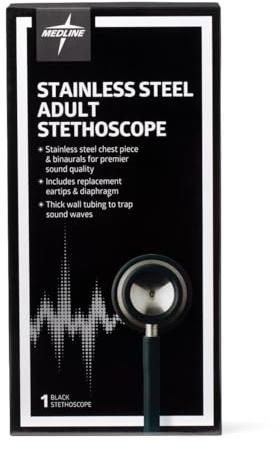 Medline Elite Adult Stainless Steel Stethoscope, Black, High Acoustic Sensitivity