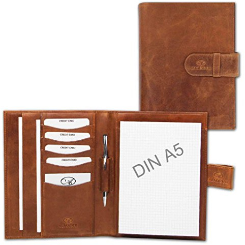 ALMADIH Leder A5 Schreibmappe mit Schreibblock Premium Rindsleder Hell-braun Deluxe Ledermappe Mappe Dokumentenmappe Organizer Konferenzmappe Systemplaner Aktenmappe Terminplaner Notizbuch (Deluxe)