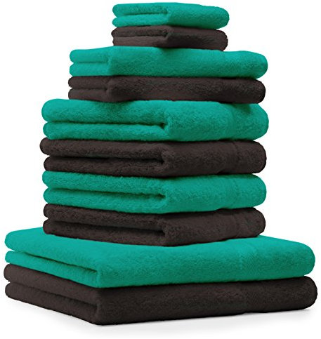 Betz 10-TLG. Handtuch-Set Premium 100% Baumwolle 2 Duschtücher 4 Handtücher 2 Gästetücher 2 Waschhandschuhe Farbe Smaragd Grün & Dunkel Braun