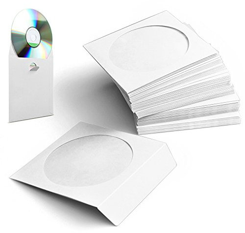 Flexzion Confezione da 100 Copertine di Carta Spessa per CD DVD (bianche) Bustine Plastica Custodie Standard a Busta Conservazione Premium con Finestra e Aletta per Dischi di Musica Film Videogiochi