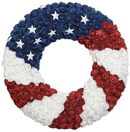 Corona patriótica diámetro de 21 pulgadas, rosas y estrellas, rojo, blanco y azul 4th de julio de decoración