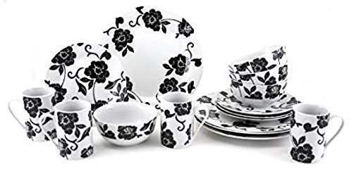 Creative Tops 16 Piece Vivienne Dinner Set, Service for 4 Dinnerware Set with Elegant Design, 16 Pieces, Black & White