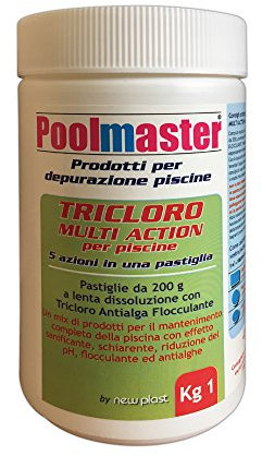 New Plast 0960 - Tricloro in Pastiglie da 200 g per Acqua Piscina, Formula 5 Azioni, Barattolo 1 kg, 40x31x21 cm