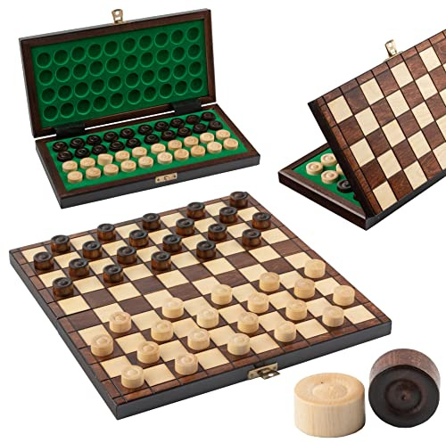 Master of Chess Dames Bois et avec Pieces 32 cm - Fait Main Jeu de Dame Voyage Pliable - Petit Jeux de Dame pour Enfants et Adultes - Pions en Bois de Charme