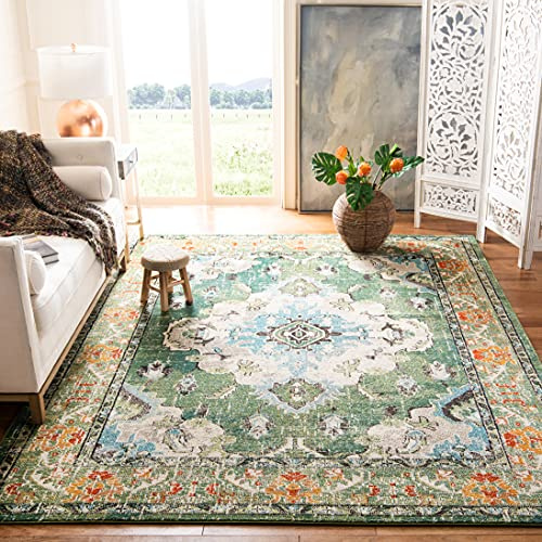 SAFAVIEH Monaco Collection Area Rug - 9' x 12', Forest Green & Light Blue, Non-Shedding & Easy to Clean, Distressed Medallion Design, Ideal for Living Room, Bedroom, Dining Space (MNC243F)