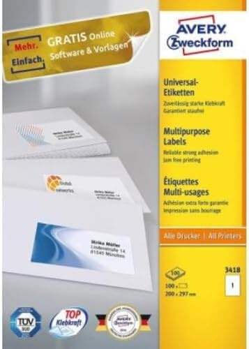 AVERY Zweckform 3418 Universal Etiketten (100 Klebeetiketten, 200x297mm auf A4, Papier matt, bedruckbare Versandetiketten, selbstklebende Versandaufkleber mit ultragrip, DHL) 100 Blatt, weiß
