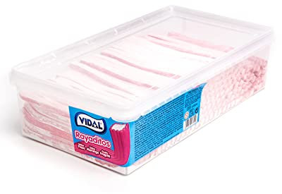 Vidal Golosinas. Rayaditos Fresa. Regaliz Relleno con intenso sabor a fresa. Color Rosa y blanco. Bandeja 200 unidades